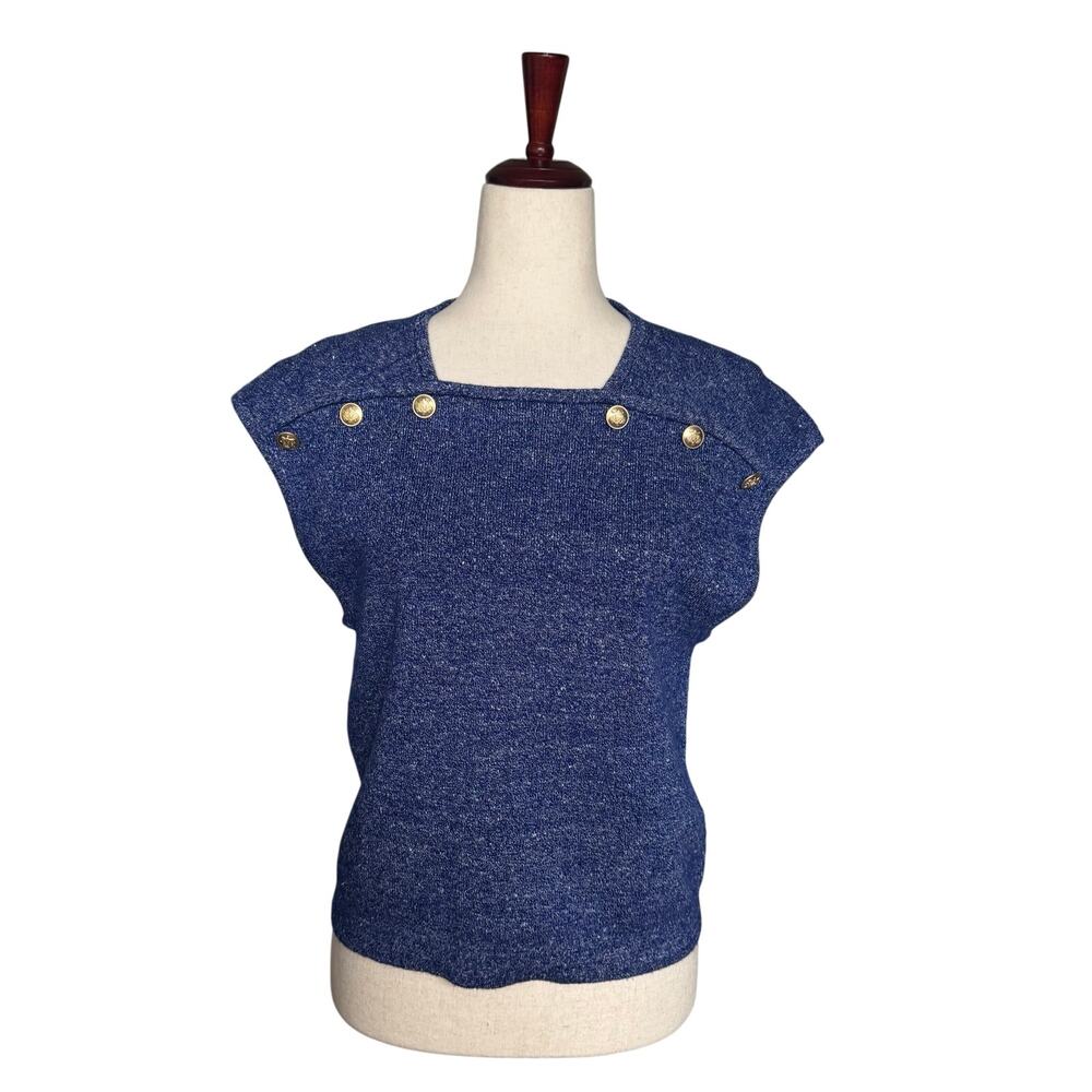 J Crew Sweater Shell Merino Wool Linen Blend Top Women XL Blue Knit Gold Buttons